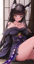Rule 34 | 1girl, absurdres, ahoge, animal ear fluff, animal ears, azur lane, bare legs, bare shoulders, black dress, black hair, blush, breasts, collarbone, dress, fox girl, frilled dress, frills, hair ornament, highres, jewelry, kana yukino, large breasts, long hair, looking at viewer, musashi (azur lane), necklace, no panties, open mouth, solo, twitter username, yellow eyes