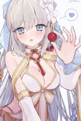 Rule 34 | 1388chan, 1girl, :o, artist name, bikini, blue bow, blue eyes, bow, braid, chocolate, commentary, detached sleeves, fate/grand order, fate (series), flower, food, gold trim, grey hair, hair bow, hair flower, hair ornament, heart, highres, holding, holding chocolate, holding food, incoming food, looking at viewer, morgan le fay (fate), morgan le fay (water princess) (fate), reaching, reaching towards viewer, side braid, solo, spoken heart, swimsuit, tassel, tassel hair ornament, twitter username, valentine, white bikini, white flower