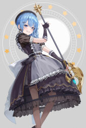 Rule 34 | 1girl, absurdres, apron, back bow, bardiche (weapon), belt, beret, black belt, black dress, black footwear, black gloves, black hat, blue eyes, blue hair, bow, braid, chest belt, commentary, crinoline, double-parted bangs, dress, earrings, elbow gloves, feet out of frame, fingerless gloves, frilled dress, frills, from side, gloves, grey apron, grey background, grin, hair between eyes, hair ornament, hair over shoulder, hairclip, hat, highres, holding, holding weapon, hololive, hoshimachi suisei, hoshimachi suisei (maid), huge bow, jewelry, leather belt, long hair, looking at viewer, maid, maririri111, official alternate costume, official alternate hairstyle, pink nails, polearm, short sleeves, side braid, side slit, single braid, smile, solo, standing, star (symbol), star in eye, symbol in eye, virtual youtuber, weapon