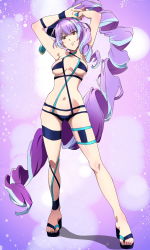 Rule 34 | absurdly long hair, arms up, blue hair, blue one-piece swimsuit, breasts, breasts apart, closed mouth, contrapposto, crossed arms, drill hair, full body, highres, long hair, looking at viewer, macross, macross delta, medium breasts, mikumo guynemer, multicolored hair, one-piece swimsuit, purple hair, red eyes, sandals, screencap, sideboob, standing, stitched, swimsuit, third-party edit, two-tone hair, underboob, very long hair