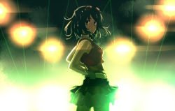 Rule 34 | 1girl, backlighting, bare shoulders, closed mouth, cowboy shot, from behind, goggles, goggles on head, green eyes, green hair, gumi, hands on own hips, layered skirt, looking at viewer, looking back, matching hair/eyes, ryokucha manma, shirt, short hair, skirt, sleeveless, sleeveless shirt, solo, stage lights, vocaloid, wrist cuffs