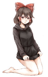 Rule 34 | 1girl, black eyes, black hoodie, blush, bottomless, bow, breasts, brown hair, closed mouth, commentary request, cookie (touhou), expressionless, frilled hair tubes, frills, full body, haiperion buzan, hair between eyes, hair bow, hair tubes, hakurei reimu, highres, hood, hoodie, kneeling, looking at viewer, maru (cookie), medium breasts, no pants, red bow, short hair, simple background, solo, touhou, white background
