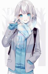 Rule 34 | 1girl, blouse, blue eyes, blush, breasts, coat, ears visible through hair, grey hair, grin, highres, long hair, long sleeves, looking at viewer, medium breasts, misumi (macaroni), original, pleated skirt, scarf, shirt, simple background, skirt, smile, solo, standing, teeth, white shirt