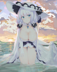 Rule 34 | 1girl, absurdres, azur lane, bare shoulders, blue eyes, breasts, brooch, cleavage, cloud, cloudy sky, commentary request, detached collar, downblouse, dress, gloves, hair ornament, hat, highres, illustrious (azur lane), jewelry, large breasts, leaning forward, long hair, looking at viewer, ocean, outdoors, revision, ru zhai, sky, smile, solo, standing, strapless, strapless dress, sun hat, thighs, very long hair, wading, water, white dress, white gloves, white hair, white hat