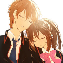 Rule 34 | 1boy, 1girl, ardbf, bell, black jacket, blue necktie, bow, brother and sister, brown hair, closed eyes, collared shirt, commentary, eyelashes, hair bell, hair between eyes, hair ornament, hair ribbon, head on another&#039;s shoulder, heads together, jacket, light blush, little busters!, long hair, natsume kyousuke, natsume rin, necktie, open mouth, pink bow, ponytail, ribbon, school uniform, shirt, short hair, siblings, side-by-side, sidelighting, simple background, sketch, sleeping, upper body, white background, white ribbon, white shirt