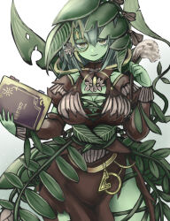 Rule 34 | 1girl, alraune, aoiyamagi4, book, breasts, cleavage, closed mouth, colored skin, cropped legs, detached sleeves, dress, feathers, gradient background, green eyes, green hair, green skin, highres, holding, holding book, holding quill, large breasts, leaf, looking at viewer, monocle, monster girl, no pupils, original, plant, plant girl, quill, smile, solo, vines