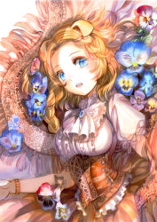 Rule 34 | 1girl, animal ears, blonde hair, blue eyes, blue flower, blue pansy, corset, dog ears, flower, highres, looking at viewer, open mouth, original, pansy, rioka (southern blue sky), ruffled shirt, solo, white background