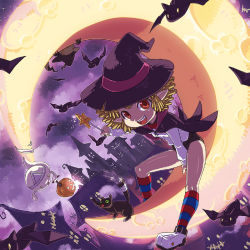 Rule 34 | 1girl, back, black cape, black cat, black shorts, blonde hair, blue socks, bow, bowtie, building, cape, cat, commentary request, crescent moon, dutch angle, full body, green eyes, halloween, hat, holding, holding wand, in-universe location, jack-o&#039;-lantern, kneehighs, loli ruri, long sleeves, looking at viewer, moon, on crescent, open mouth, pointy ears, pumpkin, ragnarok online, red bow, red bowtie, red eyes, red socks, shirt, short hair, short shorts, shorts, sitting, sitting on moon, sky, socks, solo, star (sky), star (symbol), starry sky, striped clothes, striped socks, susukinohukurou, teeth, wand, white footwear, white shirt, witch hat