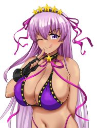 Rule 34 | 1girl, bare shoulders, bb (fate), bb (fate) (all), bb (swimsuit mooncancer) (fate), bb (swimsuit mooncancer) (second ascension) (fate), bikini, black gloves, blush, bracelet, breasts, cleavage, collarbone, fate/grand order, fate (series), fingerless gloves, gloves, gudakoguda, hair ornament, hair ribbon, hairband, highres, index finger raised, jewelry, large breasts, licking lips, long hair, looking at viewer, nail polish, navel, neck ribbon, one eye closed, purple bikini, purple eyes, purple hair, ribbon, smile, solo, star (symbol), star hair ornament, swimsuit, tan, tongue, tongue out, very long hair