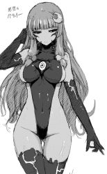 Rule 34 | 1girl, adjusting hair, bow, breasts, check translation, corruption, covered navel, crescent, dark persona, elbow gloves, facial tattoo, gloves, greyscale, hair bow, highleg, highleg leotard, highres, hime cut, ishimiso (ishimura), large breasts, leotard, long hair, monochrome, non-web source, patchouli knowledge, sideboob, solo, tattoo, thigh gap, thighhighs, third eye, thong leotard, touhou, translated, translation request