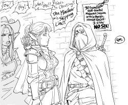 Rule 34 | 1boy, 2girls, 3girls, arrow (projectile), bad id, bb (baalbuddy), cape, choker, commentary, cowboy hat, elf, english commentary, english text, greyscale, hair bun, hat, highres, hood, hood up, hooded cape, inactive account, kunai, mask, monochrome, mouth mask, multiple girls, original, pointy ears, quiver, raised eyebrow, sanpaku, sign, simple background, single hair bun, smile, sword, weapon, weapon on back, white background, wide-eyed