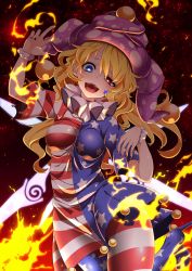 Rule 34 | 1girl, american flag dress, american flag legwear, blonde hair, blue eyes, blush, breasts, clownpiece, commentary request, dress, facepaint, fairy wings, fire, hat, heart, heart-shaped pupils, heterochromia, highres, impossible clothes, jester cap, long hair, looking at viewer, medium breasts, nail polish, neck ruff, open mouth, pantyhose, polka dot, red eyes, rihito (usazukin), scrunchie, sharp teeth, short dress, short sleeves, solo, star (symbol), star print, striped clothes, striped pantyhose, symbol-shaped pupils, teeth, touhou, vertical stripes, wings, wrist scrunchie