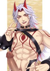 Rule 34 | 1boy, abs, arataki itto, artist name, bare chest, choker, erection, genshin impact, highres, horns, looking at viewer, male focus, muscular, muscular male, navel, nipples, o-ring, o-ring choker, oni, oni horns, open mouth, penis, red horns, riikochan, solo, spiked choker, spikes, teeth, tongue, tongue out, twitter username, uncensored, upper body, watermark, white hair