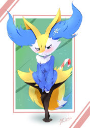Rule 34 | 1girl, absurdres, alternate color, alternate shiny pokemon, animal ear fluff, animal ears, animal hands, animal nose, aqua eyes, artist name, black fur, blue flower, blue sweater, blush, body fur, braixen, candy, candy cane, closed mouth, clothed pokemon, creatures (company), crossed legs, dated, embarrassed, eryz, female focus, flower, food, fox ears, fox girl, fox tail, full body, furry, furry female, game freak, gen 6 pokemon, green background, hair flower, hair ornament, half-closed eyes, happy, highres, long sleeves, looking at viewer, nintendo, off shoulder, own hands together, pokemon, pokemon (creature), shiny clothes, shy, sideways mouth, signature, sleeves past wrists, smile, snout, snowflake background, solo, standing, sweater, tail, v arms, watson cross, wavy mouth, white fur, yellow fur