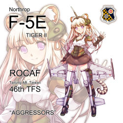Rule 34 | acea4, animal ears, blonde hair, f-5, headgear, mecha musume, military, original, personification, purple eyes, simple background, smile, solo, tail, thighhighs, tiger ears, tiger tail, waving, zoom layer