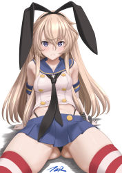 Rule 34 | 1girl, anchor hair ornament, black hairband, black panties, blonde hair, blue sailor collar, blue skirt, commentary request, cowboy shot, crop top, elbow gloves, gloves, gluteal fold, grey eyes, hair ornament, hairband, highleg, highleg panties, highres, kantai collection, long hair, looking at viewer, microskirt, miniskirt, panties, pleated skirt, sailor collar, shimakaze (kancolle), simple background, sitting, skirt, solo, striped clothes, striped thighhighs, t2r, thighhighs, underwear, white background, white gloves