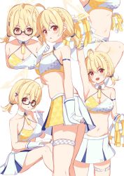 Rule 34 | 1girl, :d, ahoge, arm up, armpits, bare arms, bare shoulders, black-framed eyewear, blonde hair, blue archive, blush, braid, breasts, cheerleader, cleavage, crop top, detached collar, frown, glasses, gloves, hair ornament, hairclip, halo, halterneck, highres, holding, holding pom poms, kotori (blue archive), kotori (cheer squad) (blue archive), large breasts, long hair, looking at viewer, low twintails, midriff, millennium cheerleader outfit (blue archive), miniskirt, miso (misomiso 154), multiple views, navel, nose blush, official alternate costume, open mouth, parted lips, pen, pleated skirt, pom pom (cheerleading), pom poms, red eyes, semi-rimless eyewear, shirt, skindentation, skirt, sleeveless, sleeveless shirt, smile, stomach, thigh strap, thighs, twintails, under-rim eyewear, v-shaped eyebrows, white gloves, white shirt, white skirt