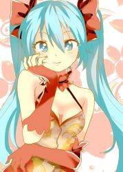 Rule 34 | 1girl, aqua eyes, aqua hair, asymmetrical gloves, bare shoulders, blush, breasts, elbow gloves, fingerless gloves, gloves, hand on own chin, hatsune miku, light smile, long hair, looking at viewer, mismatched gloves, nail polish, orangen, smile, solo, twintails, vocaloid