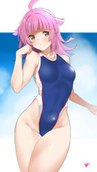 Rule 34 | 1girl, ahoge, blue one-piece swimsuit, blue sky, blunt bangs, breasts, c@rbon, cloud, collarbone, commentary request, competition swimsuit, cowboy shot, day, highleg, highleg swimsuit, highres, love live!, love live! nijigasaki high school idol club, one-piece swimsuit, pink hair, short hair, sky, small breasts, solo, swimsuit, tennoji rina, yellow eyes