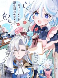 1boy 2girls ^^^ absurdres ahoge apron ascot black_jacket blue_eyes blue_hair blue_shirt blush book cake chaena_(exmd3552) cherry closed_eyes commentary curtains desk dot_nose food fruit furina_(genshin_impact) genshin_impact gift gold_trim grey_hair handkerchief heterochromia highres holding holding_handkerchief holding_plate indoors jacket light_blue_hair long_hair macaron multicolored_hair multiple_girls neuvillette_(genshin_impact) open_book open_mouth pink_apron plate sedene_(genshin_impact) shirt short_hair speech_bubble streaked_hair t_t thought_bubble translation_request upper_body white_ascot wiping