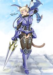 Rule 34 | 1girl, 2023, absurdres, adventurer (ff11), animal ears, arm behind head, arm up, armor, blonde hair, blue armor, blue eyes, brown tail, cat ears, cat girl, cat tail, chatarou bekkan, dated, dragon, dragoon (final fantasy), dragoon wyvern (ff11), eyelashes, faulds, final fantasy, final fantasy xi, greaves, hair tubes, highres, holding, holding polearm, holding weapon, mithra (ff11), no eyebrows, polearm, short bangs, short hair, shoulder armor, solo, spear, tail, twitter username, weapon