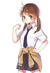 Rule 34 | 1girl, :|, ahoge, arm up, bad id, bad pixiv id, black necktie, black skirt, blush, brown hair, brown jacket, closed mouth, clothes around waist, commentary request, cowboy shot, dress shirt, hami yura, hand on own hip, highres, jacket, jacket around waist, long hair, looking at viewer, necktie, original, pleated skirt, school uniform, shirt, short sleeves, simple background, sketch, skirt, solo, tied jacket, twintails, white background, white shirt, wing collar