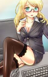 Rule 34 | 1girl, aqua eyes, black-framed eyewear, black jacket, blonde hair, blush, breasts, brown thighhighs, cleavage, commentary request, formal, glasses, highres, jacket, kentap, keyboard (computer), large breasts, monitor, mouse (computer), office lady, original, ponytail, shirt, sitting, skirt, skirt suit, solo, suit, thighhighs, white shirt