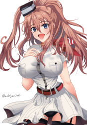 Rule 34 | 1girl, black panties, breast pocket, breasts, brown hair, chamumi (mochiumee), cowboy shot, dress, garter straps, grey eyes, hair between eyes, highres, impossible clothes, kantai collection, large breasts, looking at viewer, neckerchief, one-hour drawing challenge, panties, pocket, ponytail, red neckerchief, saratoga (kancolle), side ponytail, sidelocks, simple background, smokestack hair ornament, solo, thighhighs, twitter username, underwear, white background, white dress