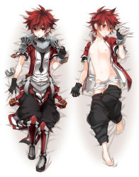 Rule 34 | 1boy, boots, elsword, elsword (character), gloves, highres, limble, looking at viewer, lying, male focus, open clothes, pixiv sample, red eyes, red hair, resized, solo, underwear