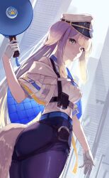 Rule 34 | 1girl, animal ears, ass, belt, black shorts, blonde hair, blue belt, blue jacket, blunt bangs, breasts, building, city, commentary request, cropped jacket, dog ears, dog girl, dog tail, esuma gt, gloves, gradient hair, grey hair, half gloves, hat, highres, holster, jacket, long hair, looking at viewer, looking back, medium breasts, megaphone, multicolored hair, nijisanji, pantyhose, police, police hat, purple pantyhose, shioriha ruri, shirt, short shorts, short sleeves, shorts, skyscraper, solo, symbol in eye, tail, thigh strap, very long hair, virtual youtuber, white gloves, white jacket, white shirt, yellow eyes