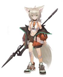 Rule 34 | 1girl, ahoge, akira (aristole), animal ears, bandaid, bandaid on knee, bandaid on leg, bare shoulders, belt, belt pouch, black choker, black shorts, breasts, choker, collared shirt, crop top, fox ears, fox girl, fox tail, full body, green eyes, halberd, holding, holding weapon, id card, jacket, lanyard, long hair, long sleeves, looking at viewer, midriff, navel, necktie, no socks, off shoulder, open clothes, open jacket, orange jacket, original, polearm, pouch, shirt, shoes, short necktie, short shorts, shorts, silver hair, simple background, sleeveless, sleeveless shirt, small breasts, sneakers, solo, standing, stomach, tail, thighs, weapon, white background, white shirt