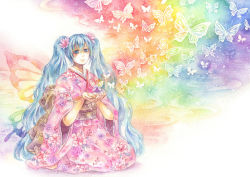 Rule 34 | 1girl, aqua eyes, aqua hair, bug, butterfly, butterfly wings, floral print, flower, fuu (goingmyway421), hair flower, hair ornament, hatsune miku, highres, insect, insect wings, japanese clothes, kimono, long hair, multicolored wings, pink kimono, print kimono, rainbow, sitting, smile, solo, traditional media, twintails, very long hair, vocaloid, wings, yukata