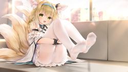Rule 34 | 1girl, animal ear fluff, animal ears, arknights, bare shoulders, black choker, blonde hair, blue hairband, blush, braid, building, chen bin, choker, couch, day, fang, feet, feet up, fox ears, fox girl, fox tail, full body, green eyes, hairband, head tilt, highres, hugging own legs, infection monitor (arknights), kitsune, knees up, kyuubi, long hair, looking at viewer, multiple tails, on couch, open mouth, panties, pantyhose, photoshop (medium), pink panties, sidelocks, sitting, skirt, skyscraper, smile, solo, striped clothes, striped panties, suzuran (arknights), tail, underwear, upper body, white panties, white pantyhose, window