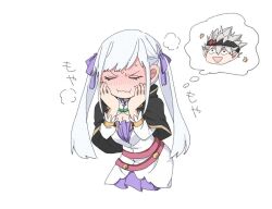 Rule 34 | 1boy, 1girl, artist request, asta (black clover), black capelet, black clover, blush, breasts, capelet, cleavage, closed eyes, cropped legs, dress, facing viewer, grey hair, hair ribbon, hands on own cheeks, hands on own face, hands up, jacket, long hair, long sleeves, lovestruck, medium breasts, noelle silva, non-web source, nose blush, purple dress, purple ribbon, ribbon, short dress, simple background, source request, spoken character, sweat, thought bubble, twintails, v-shaped eyebrows, wavy mouth, white background, white jacket