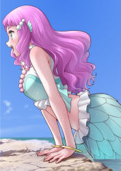Rule 34 | 1girl, aqua eyes, blue sky, bracelet, cloud, commentary request, day, fins, head fins, highres, jewelry, laura (precure), long hair, looking away, mermaid, midriff, monster girl, ocean, ogry ching, open mouth, outdoors, partially submerged, pink hair, precure, profile, sky, solo, tropical-rouge! precure, water, wet
