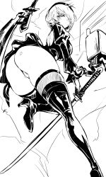 Rule 34 | 1girl, 2b (nier:automata), absurdres, ass, back cutout, boots, breasts, cameltoe, closed mouth, clothing cutout, commentary, curvy, cws1122uu, dress, expressionless, floating, floating object, gloves, hair over one eye, hairband, high heel boots, high heels, highres, holding, holding sword, holding weapon, leg up, leotard, leotard under clothes, long sleeves, looking at viewer, looking back, medium breasts, monochrome, nier:automata, nier (series), pod (nier:automata), puffy sleeves, robot, short dress, short hair, simple background, sword, thigh boots, thighs, thong leotard, weapon, wide hips