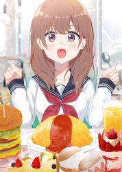 Rule 34 | 1girl, 7 calpis 7, :o, black sailor collar, blush, brown eyes, brown hair, burger, chair, collarbone, commentary request, cream puff, cup, drink, drinking glass, drinking straw, food, fork, fruit, hands up, holding, holding fork, holding spoon, long hair, looking at viewer, neckerchief, omelet, omurice, on chair, open mouth, original, parfait, plate, red neckerchief, sailor collar, school uniform, serafuku, shirt, sitting, solo, sparkle, spoon, strawberry, table, upper body, white shirt