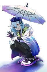 Rule 34 | 1boy, arknights, beret, blue hair, blue hat, boots, cloak, closed mouth, clothing cutout, elbow gloves, gloves, hat, hood, hooded cloak, infection monitor (arknights), long hair, mizuki (arknights), purple eyes, solo, trap, umbrella, vegetable noda, waving