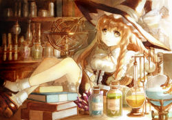 Rule 34 | 1girl, adapted costume, alchemy, apron, armillary sphere, bad id, bad pixiv id, black dress, blonde hair, bobby socks, book, book stack, braid, cabinet, center frills, chemistry, cork, corset, crossed ankles, crystal, dress, flask, frills, hair over shoulder, hat, hat ribbon, indoors, keiko (mitakarawa), kirisame marisa, laboratory, light smile, long hair, looking at viewer, ribbon, round-bottom flask, sepia, shelf, shoes, side braid, single braid, sitting, smile, socks, soles, solo, test tube, test tube rack, touhou, underbust, waist apron, wavy hair, white socks, witch hat, yellow eyes