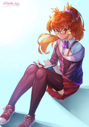 Rule 34 | 1girl, absurdres, alternate costume, artist name, ascot, black thighhighs, blush, book, bookmark, earrings, glasses, highres, jacket, jewelry, lina inverse, looking at viewer, off shoulder, orange hair, parted lips, pleated skirt, purple jacket, radishkek, reading, red eyes, red skirt, shirt, shoes, skirt, slayers, sneakers, solo, thighhighs, thighs, twitter username, white shirt