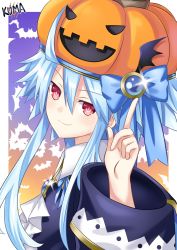 Rule 34 | 1girl, absurdres, bat background, blanc (neptunia), blue hair, finger gun, from side, hair between eyes, halloween, halloween costume, hand up, highres, lewdkuma, long sleeves, looking at viewer, looking back, looking to the side, mainichi compile heart, neptune (series), official alternate costume, power symbol, power symbol-shaped pupils, pumpkin hat, red eyes, short hair with long locks, smile, solo, symbol-shaped pupils, upper body, white heart (neptunia), wide sleeves