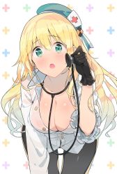 Rule 34 | 10s, 1girl, :o, adapted costume, arm at side, atago (kancolle), beret, black gloves, black pantyhose, blonde hair, blouse, blue eyes, breasts, cleavage, collarbone, ddal, downblouse, female focus, gloves, green eyes, hair between eyes, hat, highres, kantai collection, large breasts, leaning forward, long hair, looking at viewer, nurse, nurse cap, pantyhose, pov, shirt, solo, stethoscope, thigh gap, white background, white shirt