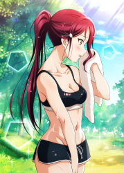Rule 34 | 1girl, absurdres, bare shoulders, black shorts, breasts, cleavage, collarbone, commentary request, dolphin shorts, from side, groin, hair ornament, hairclip, highres, kougi hiroshi, long hair, looking away, love live!, love live! sunshine!!, medium breasts, navel, outdoors, ponytail, red hair, sakurauchi riko, short shorts, shorts, smile, solo, sports bra, sportswear, stomach, sweat, towel, wiping sweat, yellow eyes