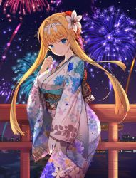 Rule 34 | 1girl, aerial fireworks, alice zuberg, blonde hair, blue eyes, blush, breasts, closed mouth, commentary request, fireworks, floral print, flower, flower request, hair flower, hair intakes, hair ornament, hand up, highres, japanese clothes, kimono, large breasts, lnji (rnlwls34), long hair, long sleeves, looking at viewer, night, night sky, obi, outdoors, print kimono, railing, red flower, sash, sky, skyline, smile, solo, star (sky), starry sky, sword art online, white flower, wide sleeves, yukata