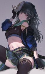 Rule 34 | 1girl, armpit crease, bare shoulders, black hair, black jacket, black thighhighs, brown eyes, closed mouth, commentary request, crop top, expressionless, fingerless gloves, gloves, grey background, highres, idolmaster, idolmaster shiny colors, jacket, katana, long hair, looking at viewer, mask, mask on head, mayuzumi fuyuko, midriff, mixed-language commentary, multicolored clothes, multicolored skirt, navel, off shoulder, open clothes, open jacket, powder is kona, signature, skirt, solo, stomach, sword, thighhighs, weapon