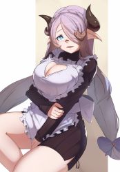 Rule 34 | 1girl, alternate costume, apron, bandaid, bandaid on face, bandaid on nose, blue bow, blue eyes, bow, braid, breasts, cleavage, cleavage cutout, clothing cutout, crown braid, draph, dress, enmaided, frilled apron, frills, granblue fantasy, hair bow, hair ornament, hair over one eye, heart, heart cutout, heart hair ornament, highres, holding own arm, horns, invisible chair, kasseus maximus, large breasts, light purple hair, long hair, looking at viewer, low-tied long hair, low tied hair, low twintails, maid, narmaya (granblue fantasy), narmaya (valentine) (granblue fantasy), ribbed sweater, side slit, sitting, smile, solo, sweater, sweater dress, turtleneck, turtleneck sweater, twintails, white apron, white background