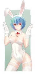 Rule 34 | 1girl, animal ears, ayanami rei, bad id, bad pixiv id, blue hair, breasts, cowboy shot, detached collar, fake animal ears, gloves, highres, leotard, looking at viewer, medium breasts, neon genesis evangelion, outside border, playboy bunny, rabbit ears, rabbit tail, red eyes, ribbon, sein (tgf19911119), short hair, skindentation, solo, standing, tail, thighhighs, white thighhighs, wrist cuffs
