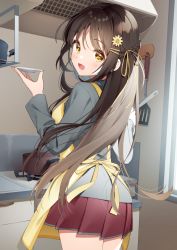 Rule 34 | 1girl, :d, apron, blush, bow, braid, commentary request, cowboy shot, flower, frills, frying pan, grey shirt, hair bow, hair flower, hair ornament, hair ribbon, hair strand, hairclip, hands up, highres, holding, indoors, kitchen, long hair, long sleeves, looking at viewer, looking back, muninshiki, open mouth, original, pleated skirt, red skirt, ribbon, shirt, sidelocks, skirt, smile, solo, spatula, standing, textless version, thighs, very long hair, yellow apron, yellow eyes, yellow ribbon