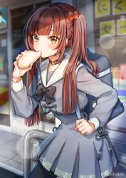 Rule 34 | 1girl, artist name, bag, baozi, biting, black bow, black bowtie, blurry, blush, bokeh, bow, bowtie, breasts, brown eyes, brown hair, choker, closed mouth, collarbone, commentary request, cowboy shot, day, depth of field, eating, food, grey shirt, grey skirt, hair bow, hair ornament, hand up, highres, holding, holding food, long hair, long sleeves, looking at viewer, orange bow, original, outdoors, pleated skirt, railing, sailor collar, school bag, school uniform, serafuku, shade, shinishi chiho, shirt, skirt, small breasts, solo, string, twintails, twitter username, white sailor collar