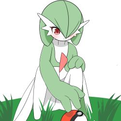 Rule 34 | 1girl, :&lt;, blush, bob cut, closed mouth, colored skin, creatures (company), female focus, flat chest, full body, game freak, gardevoir, gen 3 pokemon, green hair, green skin, hair over one eye, hand on own knee, looking down, multicolored skin, naezoo, nintendo, one eye covered, outdoors, poke ball, poke ball (basic), pokemon, pokemon (creature), reaching, red eyes, short hair, simple background, solo, squatting, transparent background, two-tone skin, white skin
